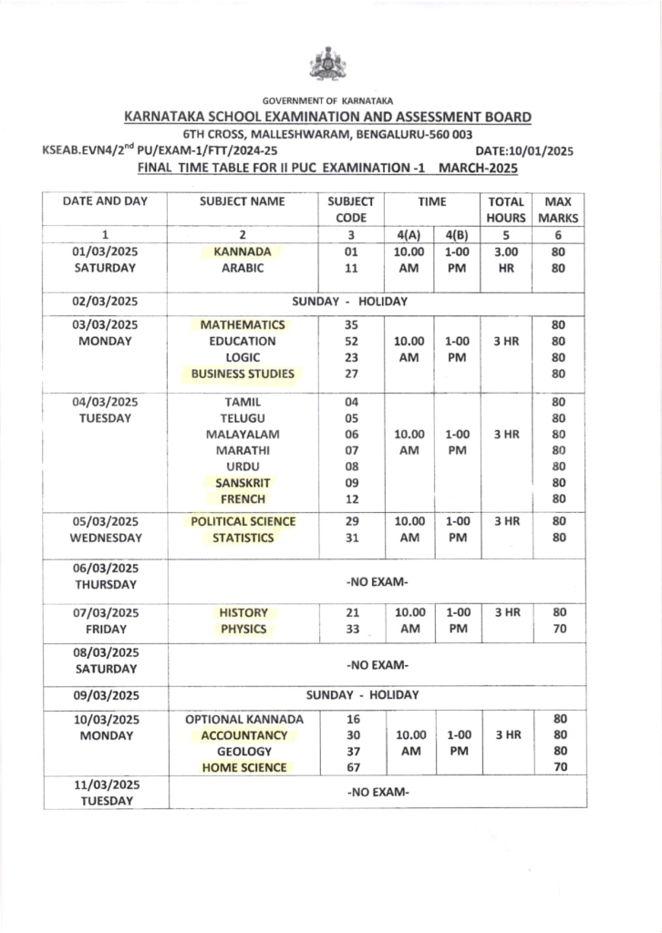 Final Exam Time Table