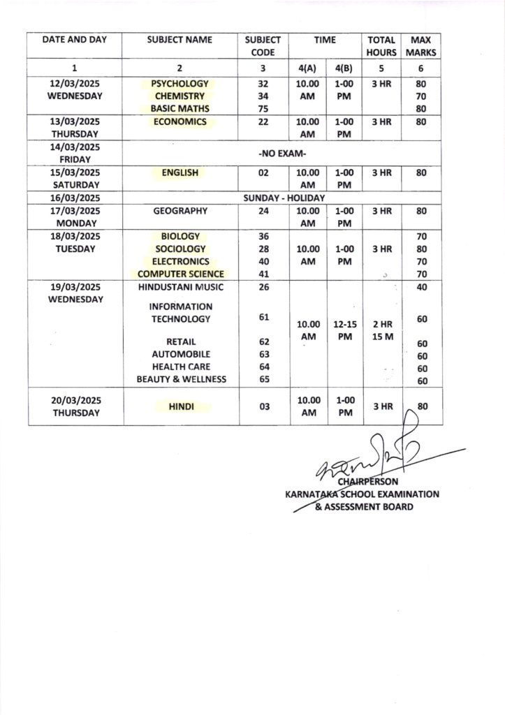 Final Exam Time Table