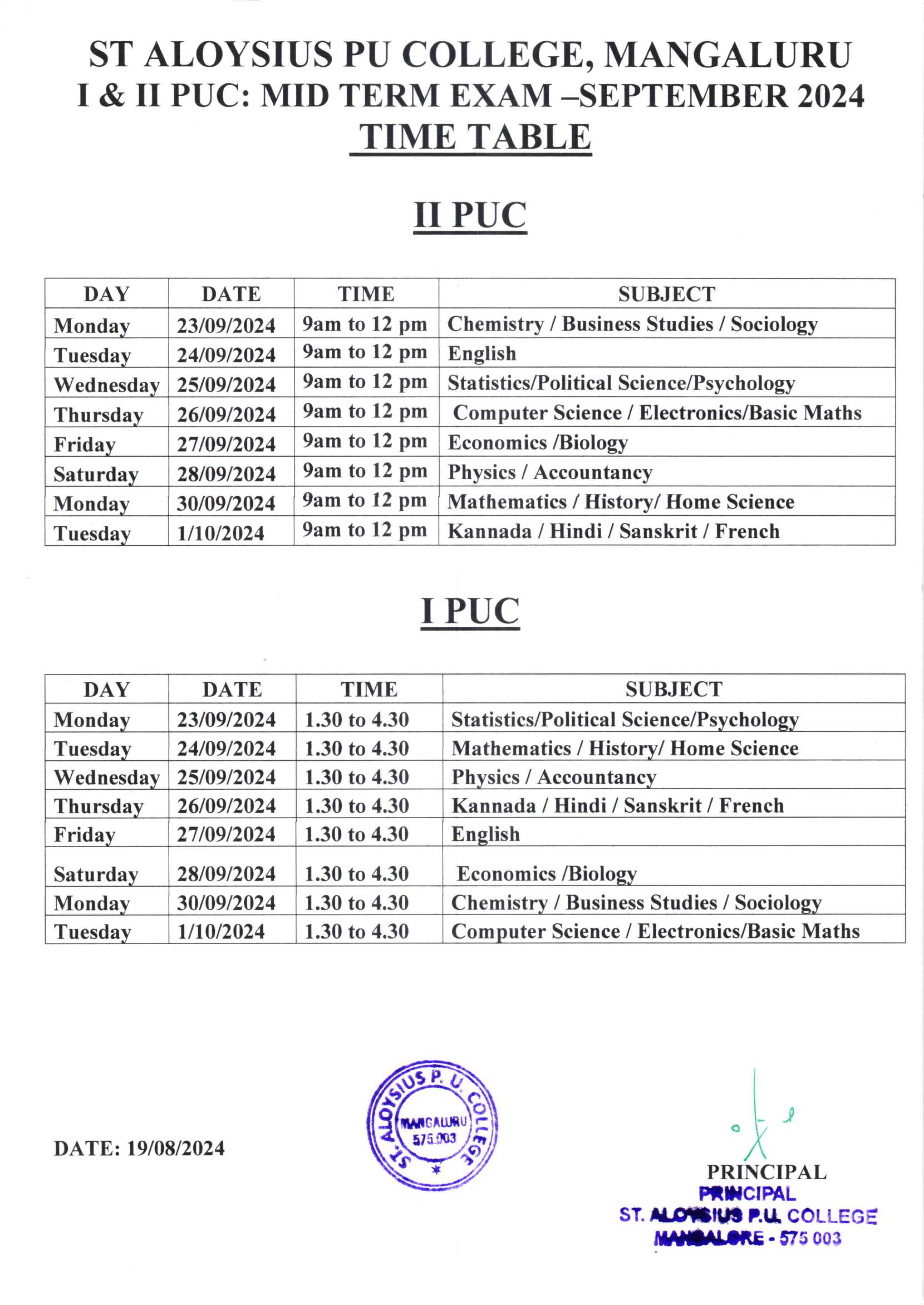 Final Exam Time Table