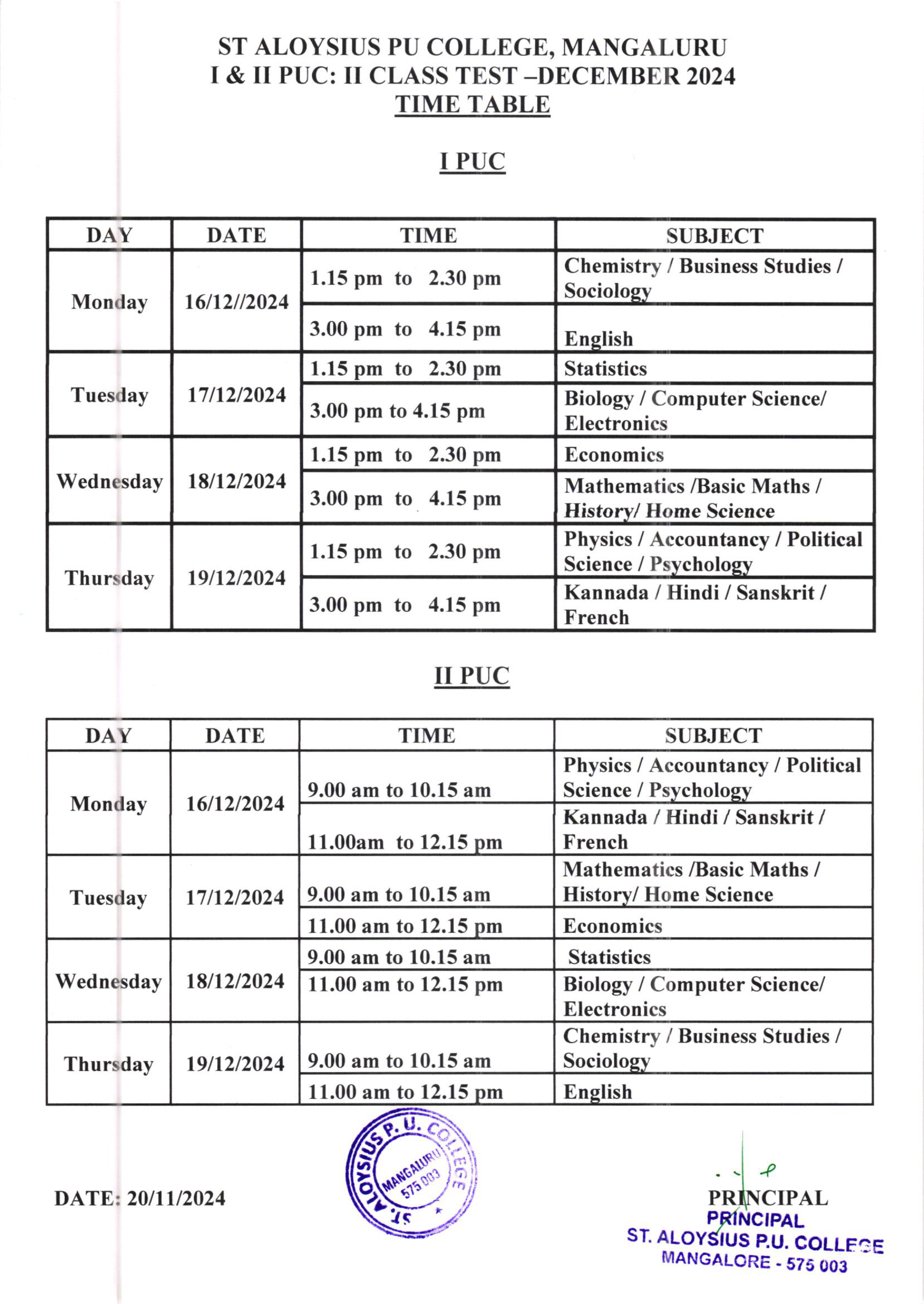 Final Exam Time Table