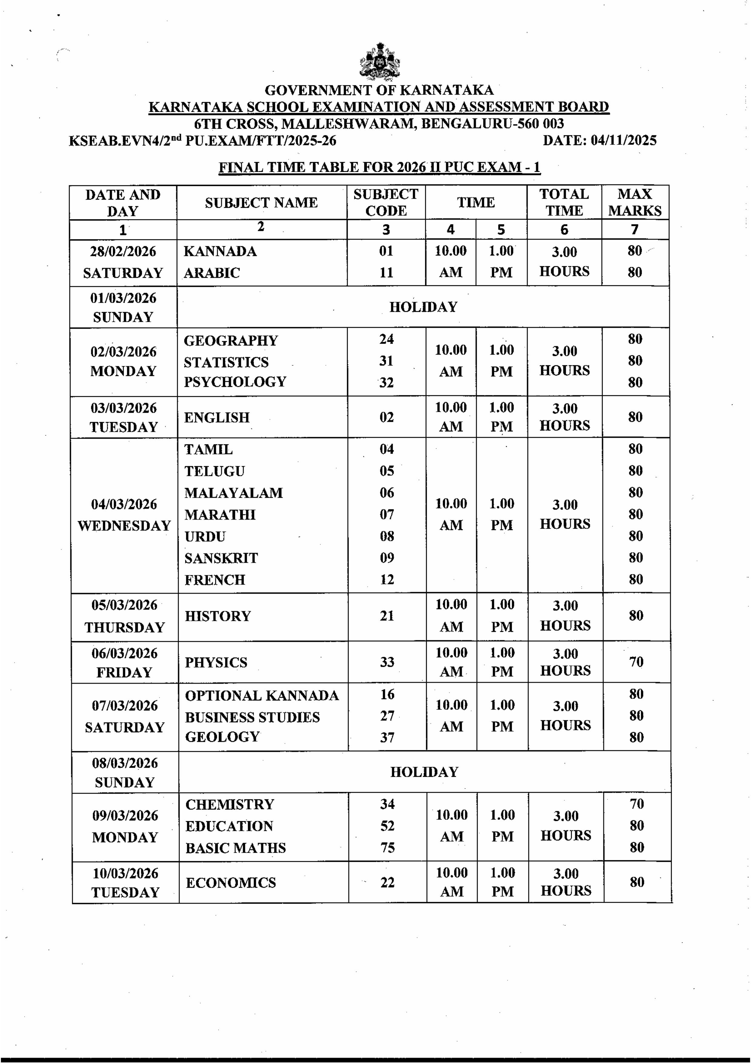 Final Exam Time Table